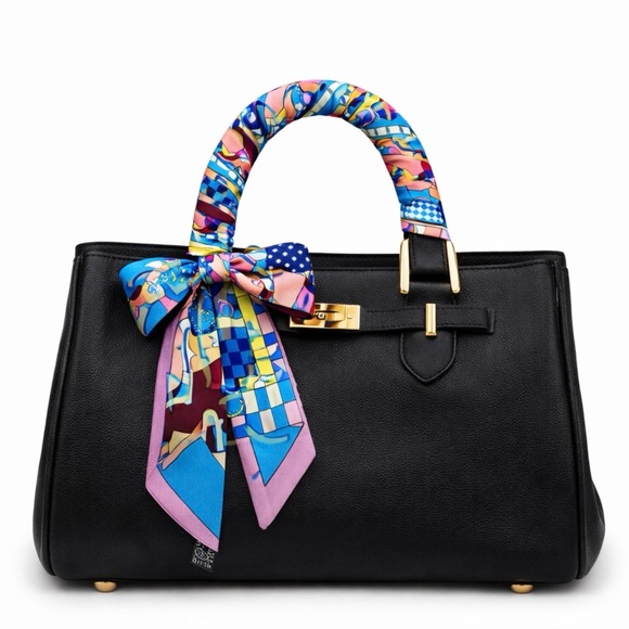 HORSE JOCKEY SKINNY SCARF BANDEAU BAG HANDLE WRAP CHECKERED PASTEL PURPLE PRINT - Picture 2 of 4